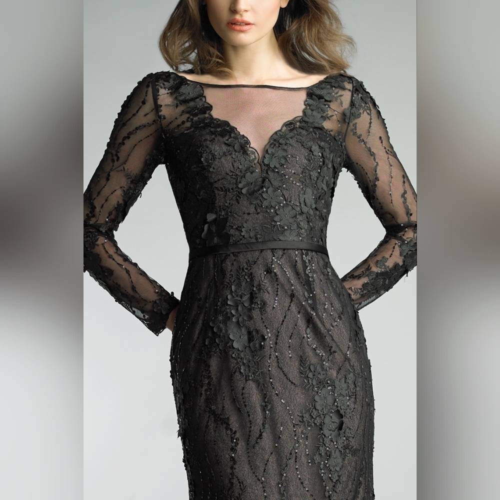 NWT Size 10 Basix Black Label Black Long Sleeve Embellished Evening Gown